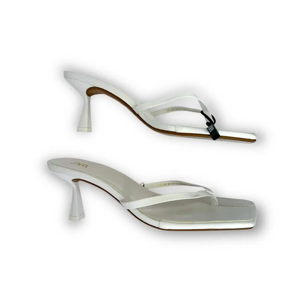 Zara Strappy Toe Post Heeled Leather Sandals Size EU 41 US 10 White Square Toe - Picture 7 of 14